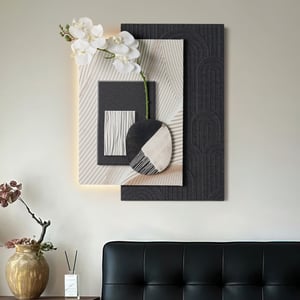 Modern Black & White Wall Art with LED Warm Light & Faux Orchid – 23.6" x 19.3"