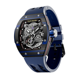 TSAR BOMBA Men's Automatic Skeleton Watch | Interchangeable Luxury Design | Blue | Atomic TB8218 | Carbon Fiber