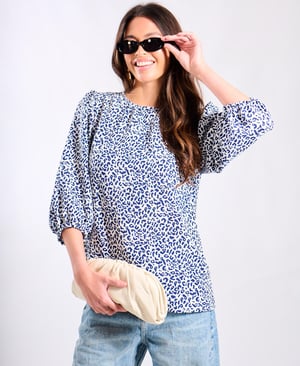 Blue Animal Puff Sleeve Blouse - 18