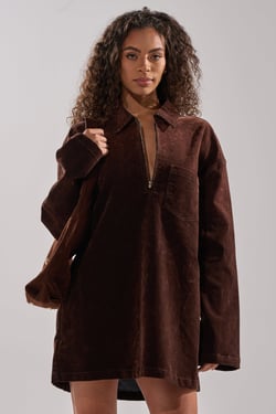 AKIRA Cool Girl Oversized Velvet Denim Shirt Dress | Brown | Size 2X