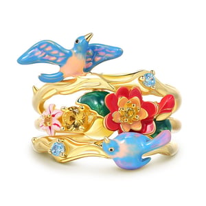 Jeulia "Natural Beauty" Bird&Flower Enamel Sterling Silver Stacking Ring