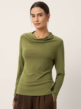 Wool Cowl Drape Stretch Long Sleeve Top INEKE - Olive / XXL