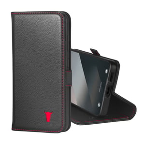 Galaxy S25 Leather Case (with Stand function) - Black with Red Detail