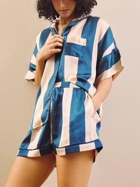 Womens Satin Oversize Shortie Pyjamas Navy Stripe - 3XL / 22-24 / Navy