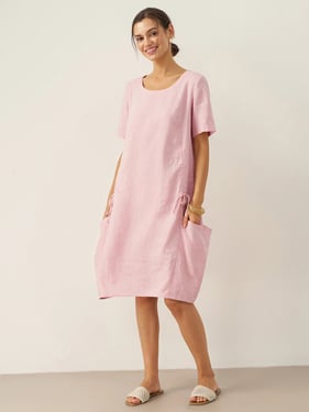 100% Linen Round Neck Patch Pocket Midi Dress XENA - Rosa / XXL