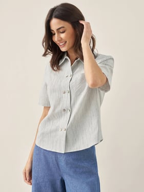 Linen Double-Breasted Artistic Stripe Shirt JUNO - Indigo Stripe / XXL