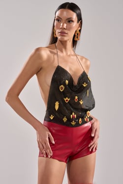 AKIRA Gilded Mesh Halter Top | Black | Size Large/XL