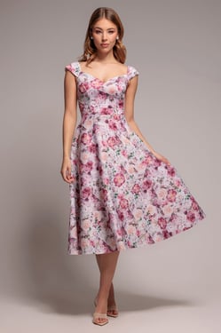 Goddiva Floral Print A-Line Sweetheart Midi Dress - Blush Pink