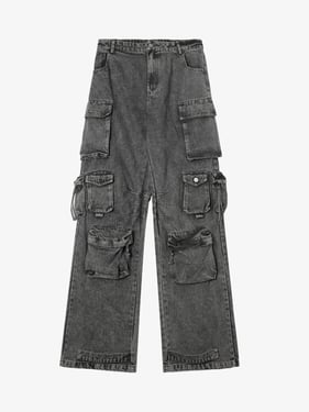 Thesupermade Street Stitching Multi-Pocket Workwear Washed Jeans - 2209 - Light Grey / 2XL