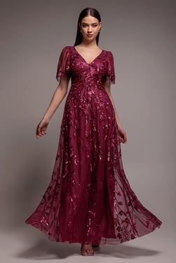 Goddiva Flared Sleeve Embroidered Maxi Dress - Magenta