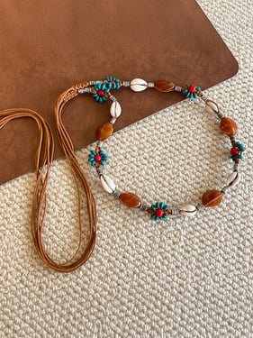Bohemian Hand-Woven Waxed Cord Waist Rope With Natural Stone & Wood Beads - Brown / One Size