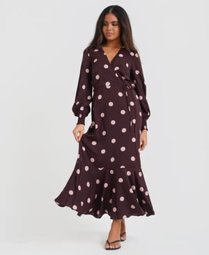 Berry Spot Wrap Long Sleeve Midaxi Dress - 20