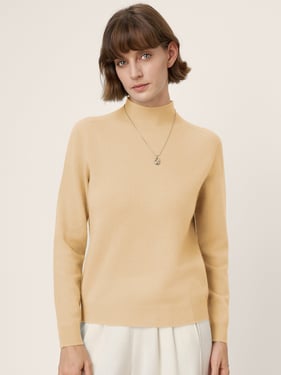Premium Cashmere Blend Hand-Finished Seamless Mock Neck Ribbed Sweater RHEA - Khaki / XXL