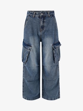 Retro Washed Cargo Multi-Pocket Straight Jeans - Blue / 2XL