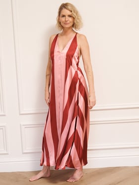 Womens Satin V Neck Cami Maxi Night Dress Pink Stripe - 3XL / 22-24 / Pink