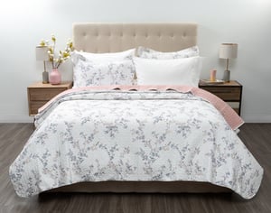 QE Home Annalise Cotton Quilt Set, Botanical, Grey, Super King
