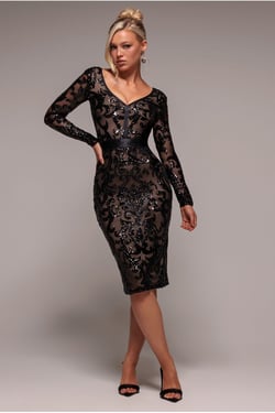 Goddiva Sequin & Mesh Midi Dress - Black