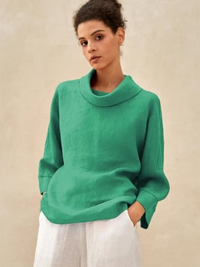 100% Linen Dropped Collar Long-Sleeve Top TRISTAN - Irish Green / XXL
