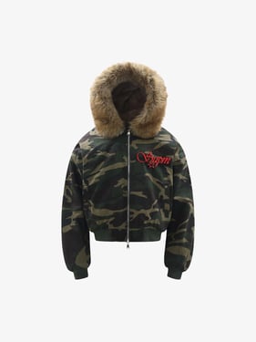 Embroidered Detachable Fur Hooded Jacket - 2546 - Green Camouflage / 3XL