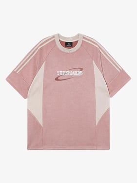 Suede Contrast Color Spliced Letter Embroidery Oversize T-shirt - 2462 - Pink / 2XL
