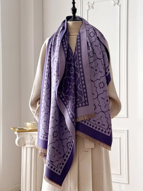 Double-Sided Floral-Jacquard Fringed Scarf - Lavender Print / One Size