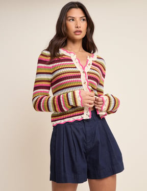Multi-Coloured Striped Scallop Crochet Cardigan