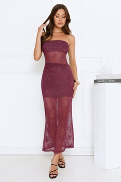 Crystal Veil Lace Strapless Maxi Dress Plum