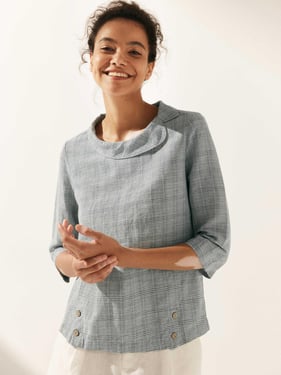 Linen Round Soft-Fold Collar Top ANAIS - Fog Grey Plaid / XXL