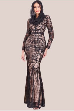 Goddiva Modesty Sequin Evening Maxi Dress - Black