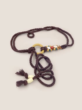 Linen Woven Belt With Wooden Beads - Coffee / One Size