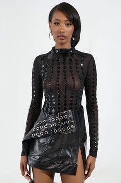 AKIRA Not My Fault Long Sleeve Mesh Bodysuit | Black | Size 2X