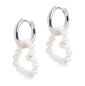 Midi Hoop and Large Heart Pearl Charm Silver Earring Set