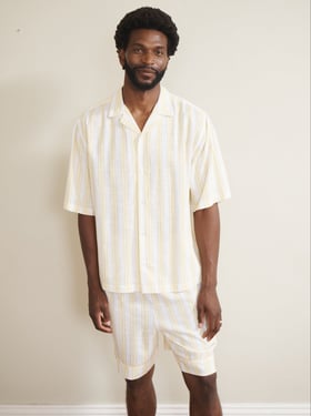 Mens Buttermilk Yellow Stripe Linen Blend Oversized Shorts Pyjama Set - 3XL / Buttermilk