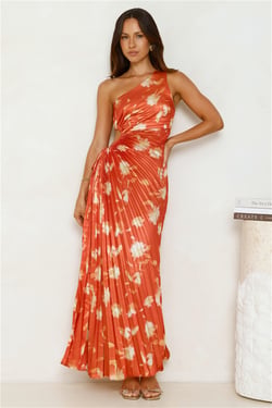 Golden Touch Satin One Shoulder Maxi Dress Rust