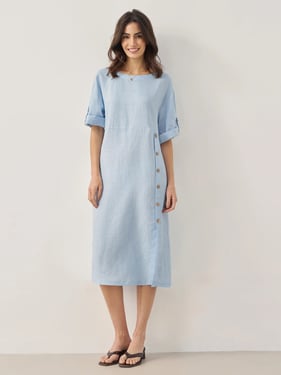 100% Linen Round Neck Button Detail Midi Dress JELENA - Baby Blue / XXL