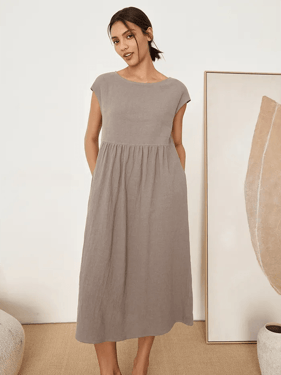 Linen Striped Cap Sleeve Washed Maxi Dress JOAN - Cloud Grey / M