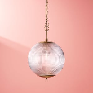 Smaller Holophane Pendant in antique brass and clear glass