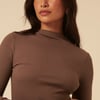 Brown Ribbed High Neck Long Sleeve Top