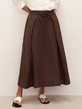 100% Linen Tie-Waist Wrapped A-Line Skirt EMILIE—Two-Way Wear - Chicory Coffee / S