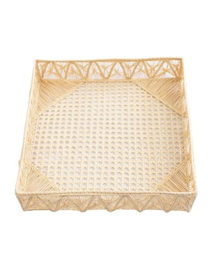 Pyramids Rectangle Handwoven Decorative Iraca Tray - Natural Palm with Color Accents / Dark Green