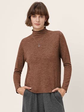 100% Extra-Fine Merino Wool Mock Neck Sweater with Rolled Edge ELA - Cocoa Brown / L