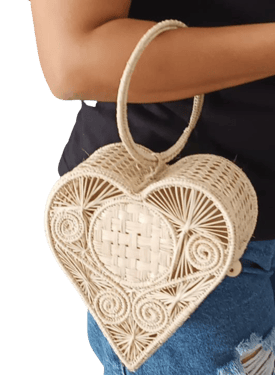 Heart-Shaped Handwoven Iraca Purse - Natural Straw with Color Accents / Dark Green