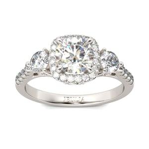 Jeulia Three Stone Halo Round Cut Sterling Silver Ring