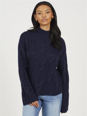 Brave Soul Roll Neck Cable Knit Jumper - Navy - XS