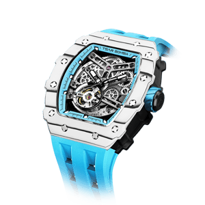 TSAR BOMBA Men's Automatic Watch | Carbon Fiber Luxury Skeleton Wristwatch | White Blue | Elemental TB8208CF | Tonneau Mechanical Watch | Sapphire Glass | 50M Waterproof Sport Watch | Gift for Men