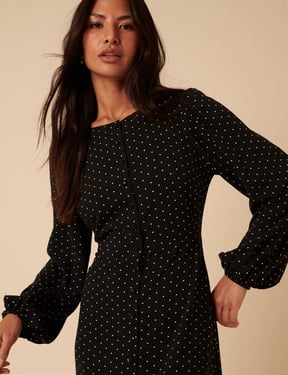 Black Polka Dot Balloon Sleeve Amara Midi Dress