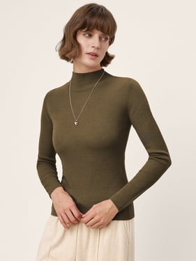 100% Extra-Fine Merino Wool Mock Neck Knit Sweater TIA - Army Green / L