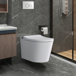Set of Two Elongated Smart Toilet Wall Mounted 1.58 GPF Automatic with In-Wall Tank & Carrier System