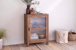 nkuku Mendani Mango Wood & Fluted Glass Glass Low Cabinet | Storage Furniture | One Size | Walnut