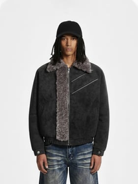 Retro Suede Texture Shearling Collar Fleece Bomber Jacket - Black / XL